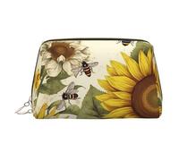 KKLWEGU Bees Sunflowers Daisy Rose Flowers Leather Makeup Bag Waterproof Cosmetic Bag Organizer Small Make Up Zipper Pouch Portable Travel Toiletry Bag For Women Girls, Gold, One size
