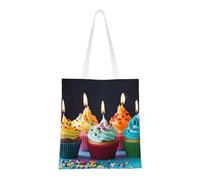 KKLWEGU Canvas Tote Bag For Women, Large Shoulder Bags Colorful Happy Birthday Cupcakes Shopping Bag With Pockets Cute Reusable Grocery Bags