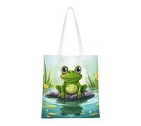 KKLWEGU Canvas Tote Bag For Women, Large Shoulder Bags Frog On A Pond Shopping Bag With Pockets Cute Reusable Grocery Bags