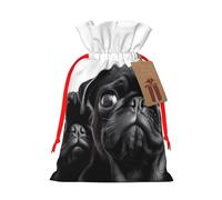 KKLWEGU Cute Black Pug Dog Christmas Drawstring Gift Bags Reusable Christmas Wrapping Bag W/Tags 4.7x6.9 Inch Xmas Treat Pouch Goody Bags Candy Treat Bag For Xmas Holiday Presents Party Favor