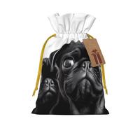 KKLWEGU Cute Black Pug Dog Christmas Drawstring Gift Bags Reusable Christmas Wrapping Bag W/Tags 4.7x6.9 Inch Xmas Treat Pouch Goody Bags Candy Treat Bag For Xmas Holiday Presents Party Favor