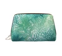 KKLWEGU Green Sea Blue Seaweed Leather Makeup Bag Waterproof Cosmetic Bag Organizer Small Make Up Zipper Pouch Portable Travel Toiletry Bag For Women Girls, Gold, One Size