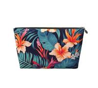 KKLWEGU Hawaii Tropical Flower Cosmetic Bag Pu Leather Waterproof Makeup Bag Portable Travel Toiletry Bag Organizer Gold Zipper Pouch For Women Ladies Gift, Gold, One Size