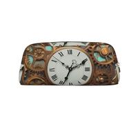 KKLWEGU Leather Pencil Case Large Capacity Pen Pouch,Rusty Steampunk Clock Zipper Makeup Bag For Women Men Travel Toiletry Bags Waterproof Cosmetic Bag Wide-Open Coin Pouch Purse, Gold, One Size