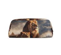 KKLWEGU Leather Pencil Case Large Capacity Pen Pouch,Two Lions Zipper Makeup Bag For Women Men Travel Toiletry Bags Waterproof Cosmetic Bag Wide-Open Coin Pouch Purse, Gold, One Size