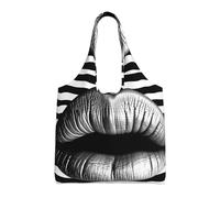 KKLWEGU Lips Printed In Black And White Stripes Large Tote Bag For Women, Heavy Duty Foldable Shopping Tote Bag Shoulder Bag For Work Beach Travel