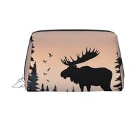 KKLWEGU Moose Mountain Pine Tree Wilderness Leather Makeup Bag Waterproof Cosmetic Bag Organizer Small Make Up Zipper Pouch Portable Travel Toiletry Bag For Women Girls, Silver, One Size