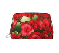 KKLWEGU Red Geraniums Leather Makeup Bag Waterproof Cosmetic Bag Organizer Small Make Up Zipper Pouch Portable Travel Toiletry Bag For Women Girls, Silver, One size