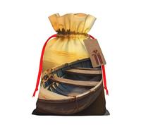 KKLWEGU River Sunset Wooden Boat Christmas Drawstring Gift Bags Reusable Christmas Wrapping Bag W/Tags 4.7x6.9 Inch Xmas Treat Pouch Goody Bags Candy Treat Bag For Xmas Holiday Presents Party Favor