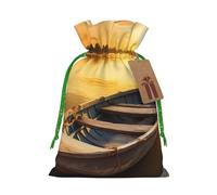 KKLWEGU River Sunset Wooden Boat Christmas Drawstring Gift Bags Reusable Christmas Wrapping Bag W/Tags 8.3x11.8 Inch Xmas Treat Pouch Goody Bags Candy Treat Bag For Xmas Holiday Presents Party Favor