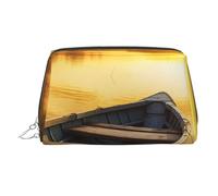 KKLWEGU River Sunset Wooden Boat Leather Makeup Bag Waterproof Cosmetic Bag Organizer Small Make Up Zipper Pouch Portable Travel Toiletry Bag For Women Girls, Silver, One Size