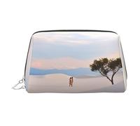 KKLWEGU Romantic White Sand Landscape Leather Makeup Bag Waterproof Cosmetic Bag Organizer Small Make Up Zipper Pouch Portable Travel Toiletry Bag For Women Girls, Silver, One Size