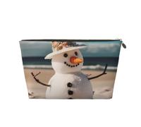 KKLWEGU Snowman With Seashells Sitting On Sandy Beach Cosmetic Bag Pu Leather Waterproof Makeup Bag Portable Travel Toiletry Bag Organizer Gold Zipper Pouch For Women Ladies Gift, Gold, One Size