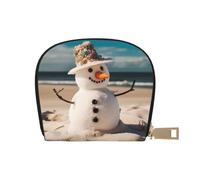 KKLWEGU Snowman With Seashells Sitting On Sandy Beach Credit Card Holder Wallet, Leather Zipper Card Wallet For Women Ladies Rfid Blocking Card Case Small Coin Purse Accordion Wallet Gift