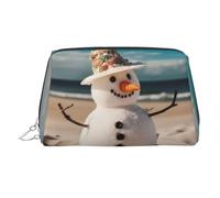 KKLWEGU Snowman With Seashells Sitting On Sandy Beach Leather Makeup Bag Waterproof Cosmetic Bag Organizer Small Make Up Zipper Pouch Portable Travel Toiletry Bag For Women Girls, Silver, One Size