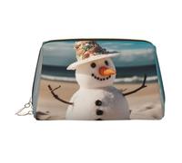 KKLWEGU Snowman With Seashells Sitting On Sandy Beach Leather Makeup Bag Waterproof Cosmetic Bag Organizer Small Make Up Zipper Pouch Portable Travel Toiletry Bag For Women Girls, Gold, One Size