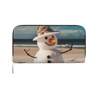 KKLWEGU Snowman With Seashells Sitting On Sandy Beach Women'S Wallet Zip Around Travel Leather Wallet Card Holder Clucth Purse Gift For Women Ladies