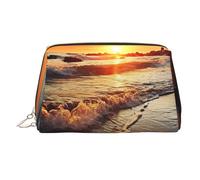 KKLWEGU Sunset View On The Beach Shore Leather Makeup Bag Waterproof Cosmetic Bag Organizer Small Make Up Zipper Pouch Portable Travel Toiletry Bag For Women Girls, Gold, One Size