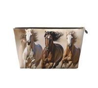 KKLWEGU Three Running Horses Cosmetic Bag Pu Leather Waterproof Makeup Bag Portable Travel Toiletry Bag Organizer Gold Zipper Pouch For Women Ladies Gift, Gold, One Size