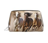KKLWEGU Three Running Horses Leather Makeup Bag Waterproof Cosmetic Bag Organizer Small Make Up Zipper Pouch Portable Travel Toiletry Bag For Women Girls, Silver, One size