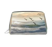 KKLWEGU Waves On The Beach With Sea Birds Leather Makeup Bag Waterproof Cosmetic Bag Organizer Small Make Up Zipper Pouch Portable Travel Toiletry Bag For Women Girls, Silver, One Size
