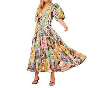 KKLZZUENI Women's Casual Floral Print Short Sleeve V Neck Midi Dress Workwear Office Dress Plus Size Wedding Guest Dress