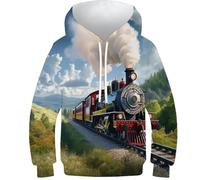 KKOLASXZE 3D Printed Steam Train Athleisure Hoodie Hooded Sweatshirt Pullover Men/Women Ong Sleeve Tops for Teens 13-15Y