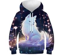 KKOLASXZE 3D Printed White Fox Athleisure Hoodie Long Sleeve Sweatshirts Pullover Men/Women with Pockets Clothes for Teens 11-13Y