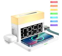 KKPLZZ 6 in 1 Wireless Charging Station with LED Colorful Night Light and Digital Alarm Clock, 18W Fast Charging Compatible for Mobile Phone Smart Watch and Bluetooth Earphone