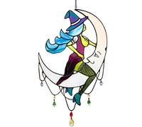 KKPLZZ Mini Stained Window Hanging Suncatcher,Witch on Moon Stained Glass Window Hanging Outdoor Wall Art Home Decoration