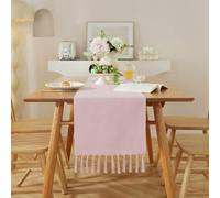 KKRANG Tassel Table Runner Linen Blend Rustic Farmhouse Style Kitchen Table Decoration Holiday Wedding Party Dinning Decor