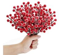 KKSTY 16 Pcs Artificial Frosted Berries Stems - 8'' Iced Berry Pick Holly Berries Sprays Filler Branch for Christmas Tree Decoration Wreath Making Supplies DIY Crafts Holiday Home Decor (Red)