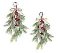 KKSTY 2 Pcs Artificial Mistletoe Christmas Decoration, 10.6 Inch Snowy Mistletoe Sprigs with Berries Kissing Mistletoe Hanging Decorations Spray for Winter Holiday Home Decor (Red)