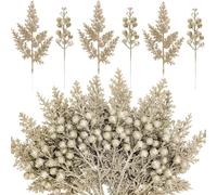 KKSTY 24 Pieces Christmas Tree Decorations - 12pcs Artificial Glitter Berries Stems and 12pcs Glitter Leaves for Christmas Tree Decor Wreath Making Vase Filler DIY Crafts (Champagne)