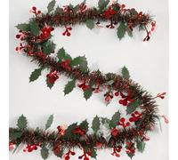 KKSTY Holly Berry Tinsel Garland 32.8ft Christmas Chunky Tinsel Long Metallic Tinsel with Red Berries Holly Leaves for Christmas Tree Holiday Party Decoration (Dark Red)