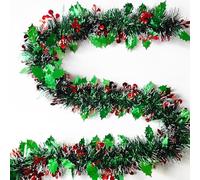KKSTY Holly Berry Tinsel Garland 32.8ft Christmas Chunky Tinsel Long Metallic Tinsel with Red Berries Holly Leaves for Christmas Tree Holiday Party Decoration (Green)