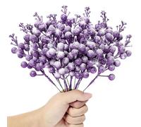 KKSTY Pack of 16 Artificial Frosted Berry Picks, 22cm Christmas Glitter Berries Stems Snowy Holly Berry Branches for Xmas Tree Decoration DIY Crafts Wreath Making Supplies Home Decor(Purple)