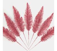 KKSTY Pack of 16 Artificial Glitter Feather False Leaves Christmas Tree Picks Sprays for Xmas Tree Carnival Party Decoration Festival Home Decor Flower Arrangment Vase Filler (Red)