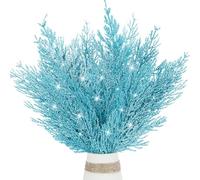 KKSTY Pack of 16 Artificial Pine Branches Glitter Twig Ornaments, 13.3'' Glittery Christmas Tree Picks Stems for Xmas Decor,DIY Crafts,Wreath Making Supplies,Small Vase Filler (Light Blue)