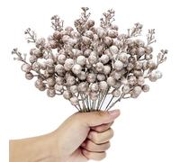 KKSTY Pack of 16 Christmas Glitter Berries Stems, Artificial Snowy Berry Picks Holly Berry Branches for Wreath Making Supplies Christmas Tree Decoration (Rose Gold)