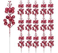 KKSTY Pack of 16 Christmas Glitter Berry Stem, Artificial Berry Picks Holly Berries Branches for Christmas Tree Decoration Wreath Making Supplies DIY Crafts Holiday Season Winter Home Decor (Red)