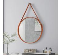 KKTX Wall Mounted Mirror, Accent Mirror Home Decoration Beauty Vanity Mirror,Metal Framed HD Glass Mirror with Adjustable Leather Strap,50x50cm,Orange