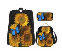 kkvhhyuo 3 Pieces School Bag Set with Backpack Lunch Bag Pencil Case | Yellow Sunflowers With Blue Butterflies Printed Rucksack Bag Back To School Backpack For Boys Girls Travel Daily Use