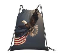 kkvhhyuo 3D Bald Eagle Flying with American Flag Printed Drawstring Backpack Large Foldable Draw String Bag with Adjustable Straps for Sports Travel Swimming School