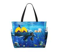 kkvhhyuo 3D Underwater world fish dolphi Print Large Beach Bag, Foldable Beach Tote Bag with Zipper and Pocket Reusable Shopping Bag for women, Tote Bags for Traveling, Shopping, Pool