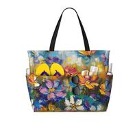 kkvhhyuo Abstract Style Colorful Flowers Print Large Beach Bag, Foldable Beach Tote Bag with Zipper and Pocket Reusable Shopping Bag for women, Tote Bags for Traveling, Shopping, Pool