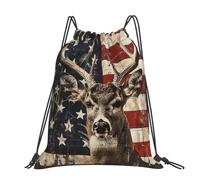 kkvhhyuo Americana Flag Deer Printed Drawstring Backpack Large Foldable Draw String Bag with Adjustable Straps for Sports Travel Swimming School