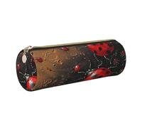 kkvhhyuo Art Ladybug Tracks Print Leather Pencil Case Portable Round Pencil Pouch with Gold Zip Multifunctional Pencil Holder Pouch Stationery Pen Bag for Teen Girls and Boys