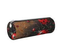 kkvhhyuo Art Ladybug Tracks Print Leather Pencil Case Portable Round Pencil Pouch with Silver Zip Multifunctional Pencil Holder Pouch Stationery Pen Bag for Teen Girls and Boys