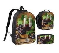 kkvhhyuo Art Red Wine Galsses & Grapes Print School Backpack Set with 17 Inch Kids Backpack Lunch Bag & Pencil Case Bundle for Teens Girls Boys, Lightweight Bookbag Travel Rucksack